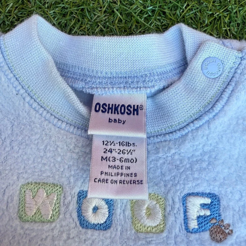 Vtg OshKosh Baby Boy Blue Fleece Dog Woof Sleepsuit Romper 3-6‎ Months 12-16 lbs